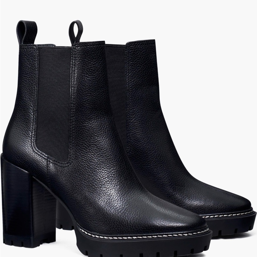 Tory Burch Black Leather Chunky Heel Ankle Boots